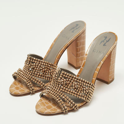Gina Size 38.5 Brown Croc Embossed Leather Crystal Embellished Slide Sandals