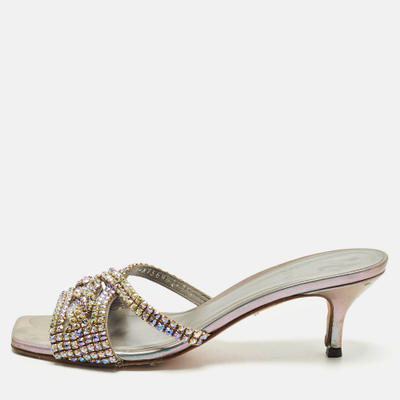 Gina Size 36.5 Silver Leather Crystal Embellished Slide Sandals