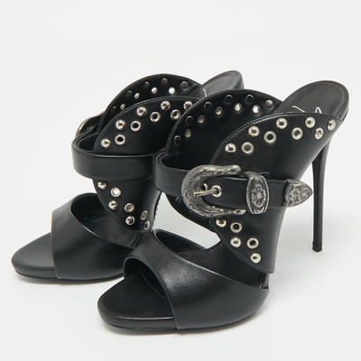 Giuseppe Zanotti Black Leather Studded Buckle Slide Sandals Size 38