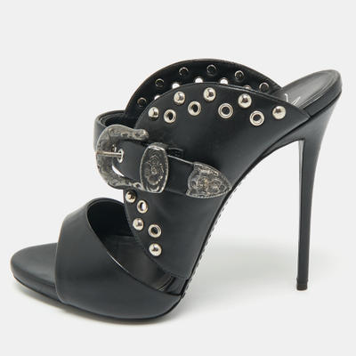 Giuseppe Zanotti Black Leather Studded Buckle Slide Sandals Size 38