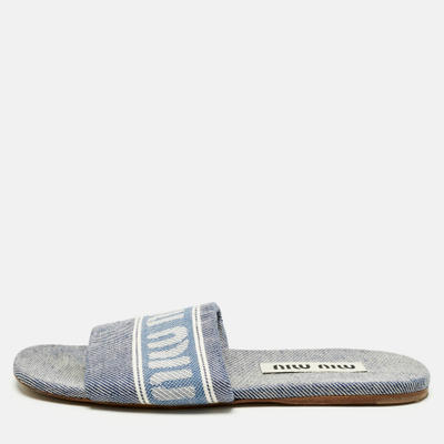 Miu Miu Blue Denim Logo Flat Slide Sandals Size 38