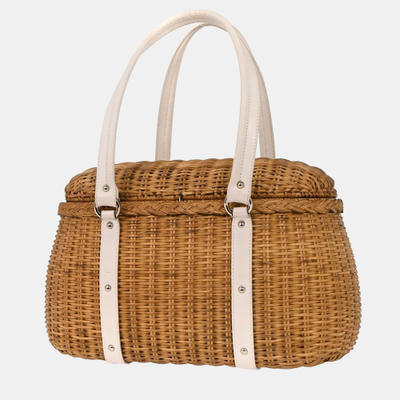 Salvatore Ferragamo White Rattan Gancini Handbag