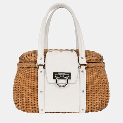 Salvatore Ferragamo White Rattan Gancini Handbag