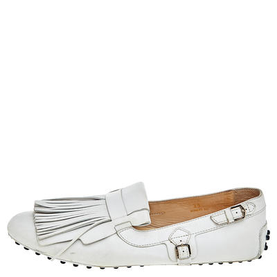 Tod's White Leather Fringe Slip on Loafers Size 39