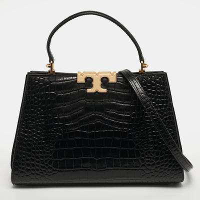Tory Burch Eleanor Black Croc Embossed Leather Top Handle Bag