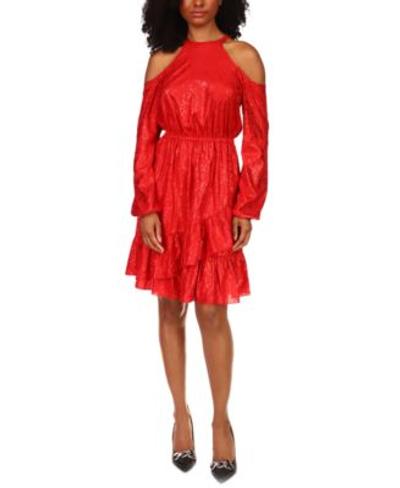Printed Cold-Shoulder Dress In Crimson - L