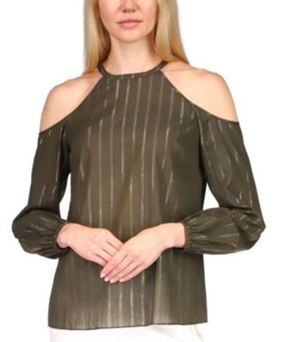 Metallic Stripe Cold-shoulder Top In Ivy - XS