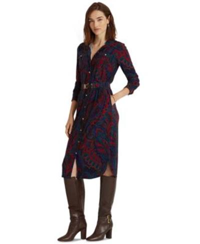 Petite Paisley Belted Jersey Shirtdress In Navy Multi