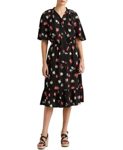 Floral Crepe Tie-Neck Dress In Polo Black/Red - 12