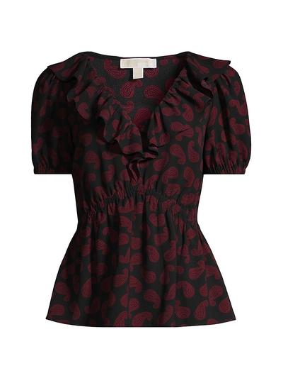 Paisley Puff-sleeve Peplum Top In Dark Ruby