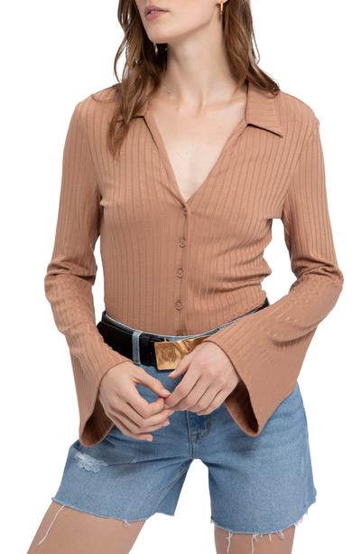 Ribbed Button-down Skimmer Top In Washed Lion - XS