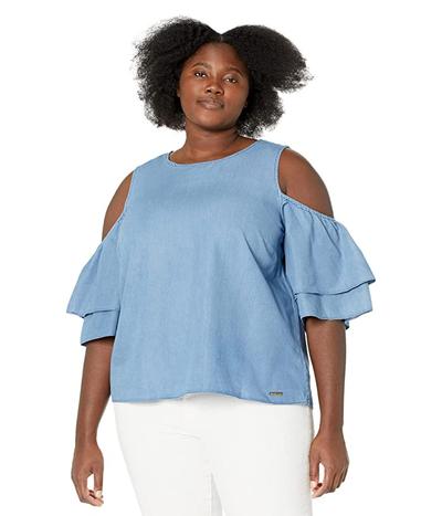 Plus Size Cold-shoulder Ruffled Top In Light Cadet Wash - 1X