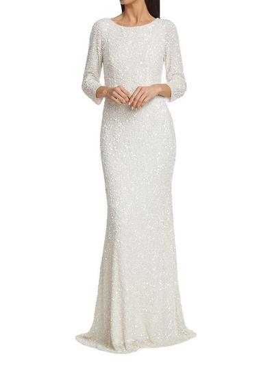 Women's Three-quarter Sleeve Sequin Sheath Gown - Ivory - 2