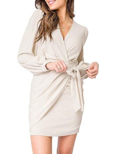 Linen Blend Wrap Dress - Oat Meal - S