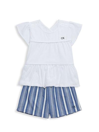 Little Girl's 2-piece Tiered Tee & Striped Shorts Set - Blue - 6X