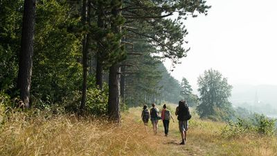 randonneurs marchant à travers un paysage de fagnes