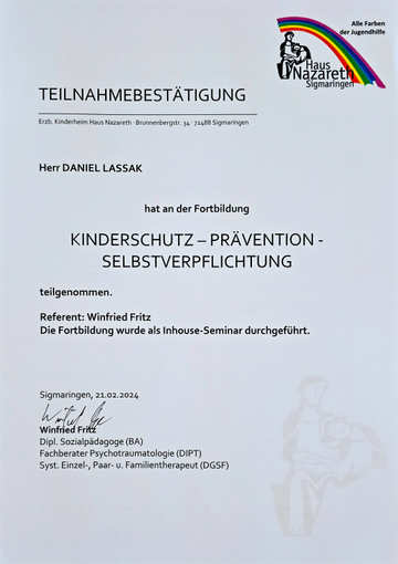 Weiterbildungnachweis vom Haus Nazareth für eine Kinderschutzprävention