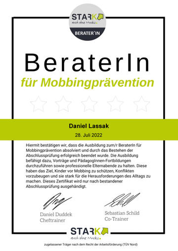 Berater für Mobbingprävention Zertifikat von Stark auch ohne Muckis