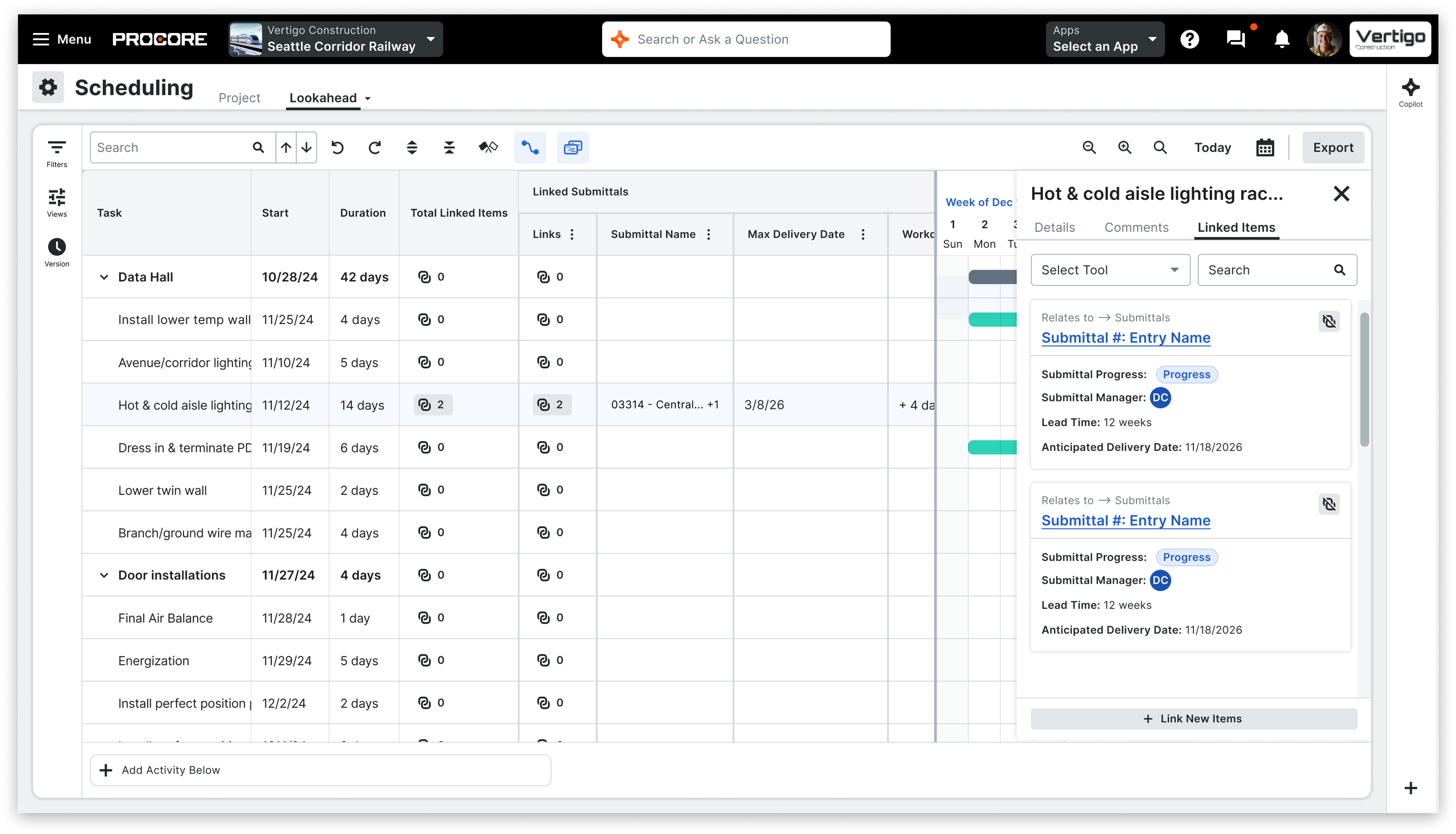 Cross-tool integration in context. Linked RFIs and Submittals surface as collapsible Gantt columns alongside the schedule. The activity panel shows full procurement detail including status, manager, lead time, anticipated delivery date. All without leaving the scheduling view.​​​​‌﻿‍﻿​‍​‍‌‍﻿﻿‌﻿​‍‌‍‍‌‌‍‌﻿‌‍‍‌‌‍﻿‍​‍​‍​﻿‍‍​‍​‍‌﻿​﻿‌‍​‌‌‍﻿‍‌‍‍‌‌﻿‌​‌﻿‍‌​‍﻿‍‌‍‍‌‌‍﻿﻿​‍​‍​‍﻿​​‍​‍‌‍‍​‌﻿​‍‌‍‌‌‌‍‌‍​‍​‍​﻿‍‍​‍​‍‌‍‍​‌﻿‌​‌﻿‌​‌﻿​​​﻿‍‍​‍﻿﻿​‍﻿﻿‌‍﻿​‌‍﻿﻿‌‍​﻿‌‍​‌‌‍﻿​‌‍‍​‌‍﻿﻿‌﻿​﻿‌﻿‌​​﻿‍‍​﻿​﻿​﻿​﻿​﻿​﻿​﻿​﻿​‍﻿﻿‌‍‍‌‌‍﻿‍‌﻿‌​‌‍‌‌‌‍﻿‍‌﻿‌​​‍﻿﻿‌‍‌‌‌‍‌​‌‍‍‌‌﻿‌​​‍﻿﻿‌‍﻿‌‌‍﻿﻿‌‍‌​‌‍‌‌​﻿﻿‌‌﻿​​‌﻿​‍‌‍‌‌‌﻿​﻿‌‍‌‌‌‍﻿‍‌﻿‌​‌‍​‌‌﻿‌​‌‍‍‌‌‍﻿﻿‌‍﻿‍​﻿‍﻿‌‍‍‌‌‍‌​​﻿﻿‌​﻿‌​‌‍‌‌​﻿‌‌​﻿​​‌‍‌‍​﻿​﻿‌‍​﻿‌‍‌‌​‍﻿‌​﻿​﻿‌‍‌‍​﻿​​‌‍​‌​‍﻿‌​﻿‌​‌‍​‍​﻿​﻿​﻿‌‍​‍﻿‌​﻿‍‌‌‍‌‌​﻿‍‌‌‍​‍​‍﻿‌‌‍​﻿‌‍‌​‌‍‌​‌‍​﻿‌‍‌‍‌‍‌​​﻿​‍‌‍​‍​﻿‍​‌‍​‌​﻿​‍‌‍‌‌​﻿‍﻿‌﻿‌​‌﻿‍‌‌﻿​​‌‍‌‌​﻿﻿‌‌﻿​​‌‍﻿﻿‌﻿​‍‌﻿‌​‌‍‌‍‌‍﻿﻿‌‍﻿​‌‍‍‌‌‍﻿﻿​‍﻿‍‌﻿​​‌﻿​‍‌‍﻿﻿‌‍‍‍‌‍‌‌‌‍​﻿‌﻿‌​​﻿‍﻿‌﻿​​‌‍​‌‌﻿‌​‌‍‍​​﻿﻿‌‌‍﻿‌‌‍﻿﻿‌‍‌​‌﻿‌‌‌‍﻿​‌‍‌‌‌﻿​﻿​‍‌‌​﻿‌‌‌​​‍‌‌﻿﻿‌‍‍﻿‌‍‌‌‌﻿‍‌​‍‌‌​﻿​﻿‌​‌​​‍‌‌​﻿​﻿‌​‌​​‍‌‌​﻿​‍​﻿​‍​﻿‍‌​﻿‌​‌‍‌‍‌‍‌‍​﻿‌​‌‍​‌‌‍‌​​﻿‌​​﻿​​‌‍‌​​﻿‌​​﻿​‌​‍‌‌​﻿​‍​﻿​‍​‍‌‌​﻿‌‌‌​‌​​‍﻿‍‌‍‍‌‌‍﻿‌‌‍​‌‌‍‌﻿‌‍‌‌‌﻿​﻿​‍‌‌​﻿‌‌‌​​‍‌‌﻿﻿‌‍‍﻿‌‍‌‌‌﻿‍‌​‍‌‌​﻿​﻿‌​‌​​‍‌‌​﻿​﻿‌​‌​​‍‌‌​﻿​‍​﻿​‍​﻿‌﻿​﻿‌​​﻿​​​﻿‍​​﻿‌​‌‍​﻿​﻿​‌​﻿‌‍‌‍‌​‌‍‌‍​﻿​﻿‌‍​‌​‍‌‌​﻿​‍​﻿​‍​‍‌‌​﻿‌‌‌​‌​​‍﻿‍‌‍​﻿‌‍​‌‌﻿​​‌﻿‌​‌‍‍‌‌‍﻿﻿‌‍﻿‍​‍‌‌​﻿‌‌‌​​‍‌‌﻿﻿‌‍‍﻿‌‍‌‌‌﻿‍‌​‍‌‌​﻿​﻿‌​‌​​‍‌‌​﻿​﻿‌​‌​​‍‌‌​﻿​‍​﻿​‍​﻿‌﻿​﻿​‌​﻿‌‍​﻿​‍​﻿‍​‌‍‌‌‌‍‌‍​﻿‌﻿​﻿​﻿​﻿​‌​﻿‌‍​﻿​‌​‍‌‌​﻿​‍​﻿​‍​‍‌‌​﻿‌‌‌​‌​​‍﻿‍‌‍​﻿‌‍‍​‌‍‍‌‌‍﻿​‌‍‌​‌﻿​‍‌‍‌‌‌‍﻿‍​‍‌‌​﻿‌‌‌​​‍‌‌﻿﻿‌‍‍﻿‌‍‌‌‌﻿‍‌​‍‌‌​﻿​﻿‌​‌​​‍‌‌​﻿​﻿‌​‌​​‍‌‌​﻿​‍​﻿​‍‌‍​﻿​﻿​​​﻿‌﻿​﻿​​‌‍‌‍​﻿‌​‌‍​‌‌‍​﻿​﻿‍​​﻿​‌​﻿‌​​﻿​﻿​﻿​​​‍‌‌​﻿​‍​﻿​‍​‍‌‌​﻿‌‌‌​‌​​‍﻿‍‌﻿‌​‌‍‌‌‌﻿‍​‌﻿‌​​﻿﻿﻿‌‍​‍‌‍​‌‌﻿​﻿‌‍‌‌‌‌‌‌‌﻿​‍‌‍﻿​​﻿﻿‌‌‍‍​‌﻿‌​‌﻿‌​‌﻿​​​‍‌‌​﻿​﻿‌​​‌​‍‌‌​﻿​‍‌​‌‍​‍‌‌​﻿​‍‌​‌‍‌‍﻿​‌‍﻿﻿‌‍​﻿‌‍​‌‌‍﻿​‌‍‍​‌‍﻿﻿‌﻿​﻿‌﻿‌​​‍‌‌​﻿​﻿‌​​‌​﻿​﻿​﻿​﻿​﻿​﻿​﻿​﻿​‍‌‍‌‍‍‌‌‍‌​​﻿﻿‌​﻿‌​‌‍‌‌​﻿‌‌​﻿​​‌‍‌‍​﻿​﻿‌‍​﻿‌‍‌‌​‍﻿‌​﻿​﻿‌‍‌‍​﻿​​‌‍​‌​‍﻿‌​﻿‌​‌‍​‍​﻿​﻿​﻿‌‍​‍﻿‌​﻿‍‌‌‍‌‌​﻿‍‌‌‍​‍​‍﻿‌‌‍​﻿‌‍‌​‌‍‌​‌‍​﻿‌‍‌‍‌‍‌​​﻿​‍‌‍​‍​﻿‍​‌‍​‌​﻿​‍‌‍‌‌​‍‌‍‌﻿‌​‌﻿‍‌‌﻿​​‌‍‌‌​﻿﻿‌‌﻿​​‌‍﻿﻿‌﻿​‍‌﻿‌​‌‍‌‍‌‍﻿﻿‌‍﻿​‌‍‍‌‌‍﻿﻿​‍﻿‍‌﻿​​‌﻿​‍‌‍﻿﻿‌‍‍‍‌‍‌‌‌‍​﻿‌﻿‌​​‍‌‍‌﻿​​‌‍​‌‌﻿‌​‌‍‍​​﻿﻿‌‌‍﻿‌‌‍﻿﻿‌‍‌​‌﻿‌‌‌‍﻿​‌‍‌‌‌﻿​﻿​‍‌‌​﻿‌‌‌​​‍‌‌﻿﻿‌‍‍﻿‌‍‌‌‌﻿‍‌​‍‌‌​﻿​﻿‌​‌​​‍‌‌​﻿​﻿‌​‌​​‍‌‌​﻿​‍​﻿​‍​﻿‍‌​﻿‌​‌‍‌‍‌‍‌‍​﻿‌​‌‍​‌‌‍‌​​﻿‌​​﻿​​‌‍‌​​﻿‌​​﻿​‌​‍‌‌​﻿​‍​﻿​‍​‍‌‌​﻿‌‌‌​‌​​‍﻿‍‌‍‍‌‌‍﻿‌‌‍​‌‌‍‌﻿‌‍‌‌‌﻿​﻿​‍‌‌​﻿‌‌‌​​‍‌‌﻿﻿‌‍‍﻿‌‍‌‌‌﻿‍‌​‍‌‌​﻿​﻿‌​‌​​‍‌‌​﻿​﻿‌​‌​​‍‌‌​﻿​‍​﻿​‍​﻿‌﻿​﻿‌​​﻿​​​﻿‍​​﻿‌​‌‍​﻿​﻿​‌​﻿‌‍‌‍‌​‌‍‌‍​﻿​﻿‌‍​‌​‍‌‌​﻿​‍​﻿​‍​‍‌‌​﻿‌‌‌​‌​​‍﻿‍‌‍​﻿‌‍​‌‌﻿​​‌﻿‌​‌‍‍‌‌‍﻿﻿‌‍﻿‍​‍‌‌​﻿‌‌‌​​‍‌‌﻿﻿‌‍‍﻿‌‍‌‌‌﻿‍‌​‍‌‌​﻿​﻿‌​‌​​‍‌‌​﻿​﻿‌​‌​​‍‌‌​﻿​‍​﻿​‍​﻿‌﻿​﻿​‌​﻿‌‍​﻿​‍​﻿‍​‌‍‌‌‌‍‌‍​﻿‌﻿​﻿​﻿​﻿​‌​﻿‌‍​﻿​‌​‍‌‌​﻿​‍​﻿​‍​‍‌‌​﻿‌‌‌​‌​​‍﻿‍‌‍​﻿‌‍‍​‌‍‍‌‌‍﻿​‌‍‌​‌﻿​‍‌‍‌‌‌‍﻿‍​‍‌‌​﻿‌‌‌​​‍‌‌﻿﻿‌‍‍﻿‌‍‌‌‌﻿‍‌​‍‌‌​﻿​﻿‌​‌​​‍‌‌​﻿​﻿‌​‌​​‍‌‌​﻿​‍​﻿​‍‌‍​﻿​﻿​​​﻿‌﻿​﻿​​‌‍‌‍​﻿‌​‌‍​‌‌‍​﻿​﻿‍​​﻿​‌​﻿‌​​﻿​﻿​﻿​​​‍‌‌​﻿​‍​﻿​‍​‍‌‌​﻿‌‌‌​‌​​‍﻿‍‌﻿‌​‌‍‌‌‌﻿‍​‌﻿‌​​‍​‍‌﻿﻿‌