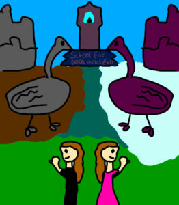 Artwork titled "Twins go to the school", submitted by Ella Alderink on October 27, 2023.
