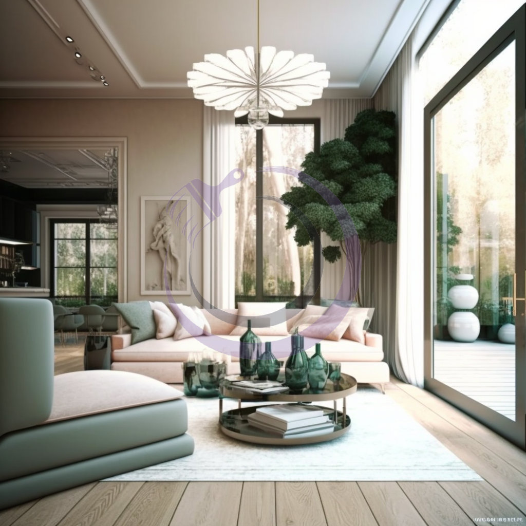 تصميم لغرفة معيشة فخمة باللون الاخضر ودرجاته
