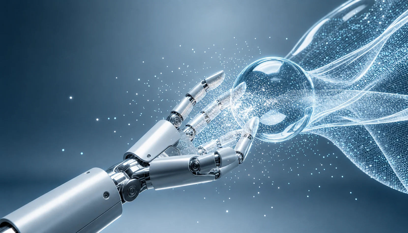 Robotic hand interacting with a transparent stream of data