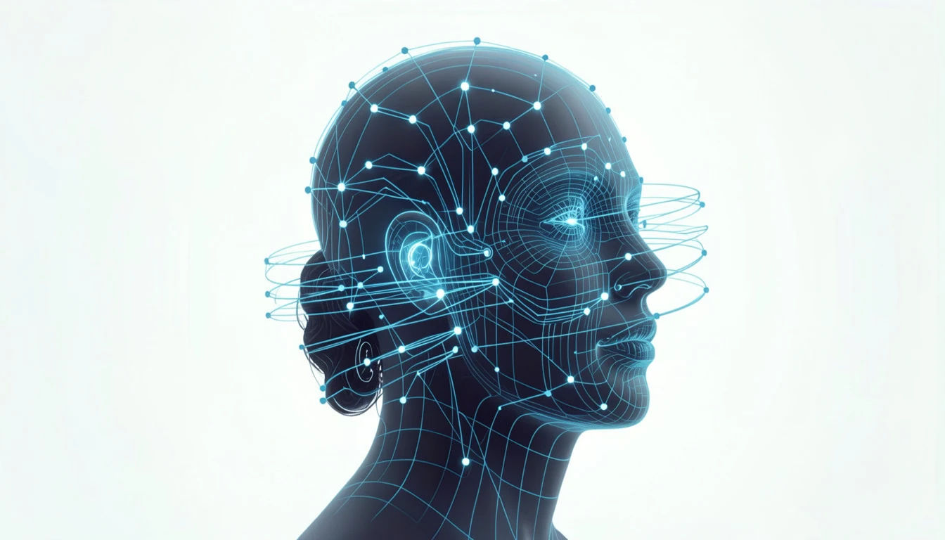 Wireframe digital human profile with network nodes