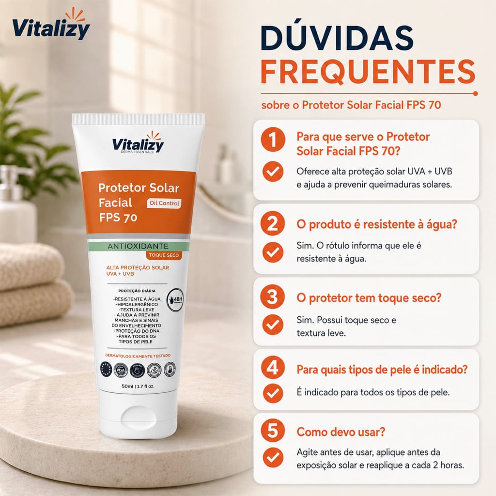 Protetor Solar FPS 70 Facial 50ml Vitalizy - foto 3