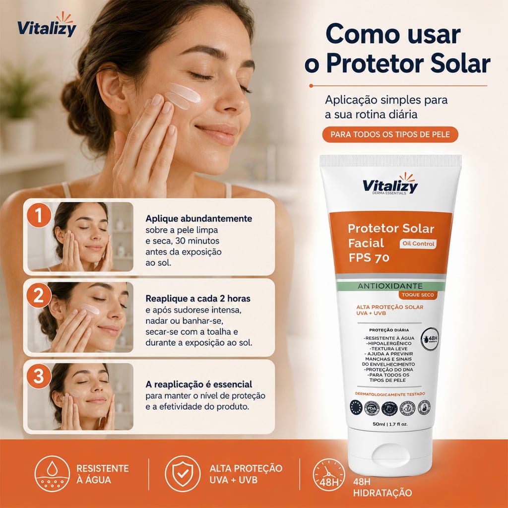 Protetor Solar FPS 70 Facial 50ml Vitalizy - foto 5