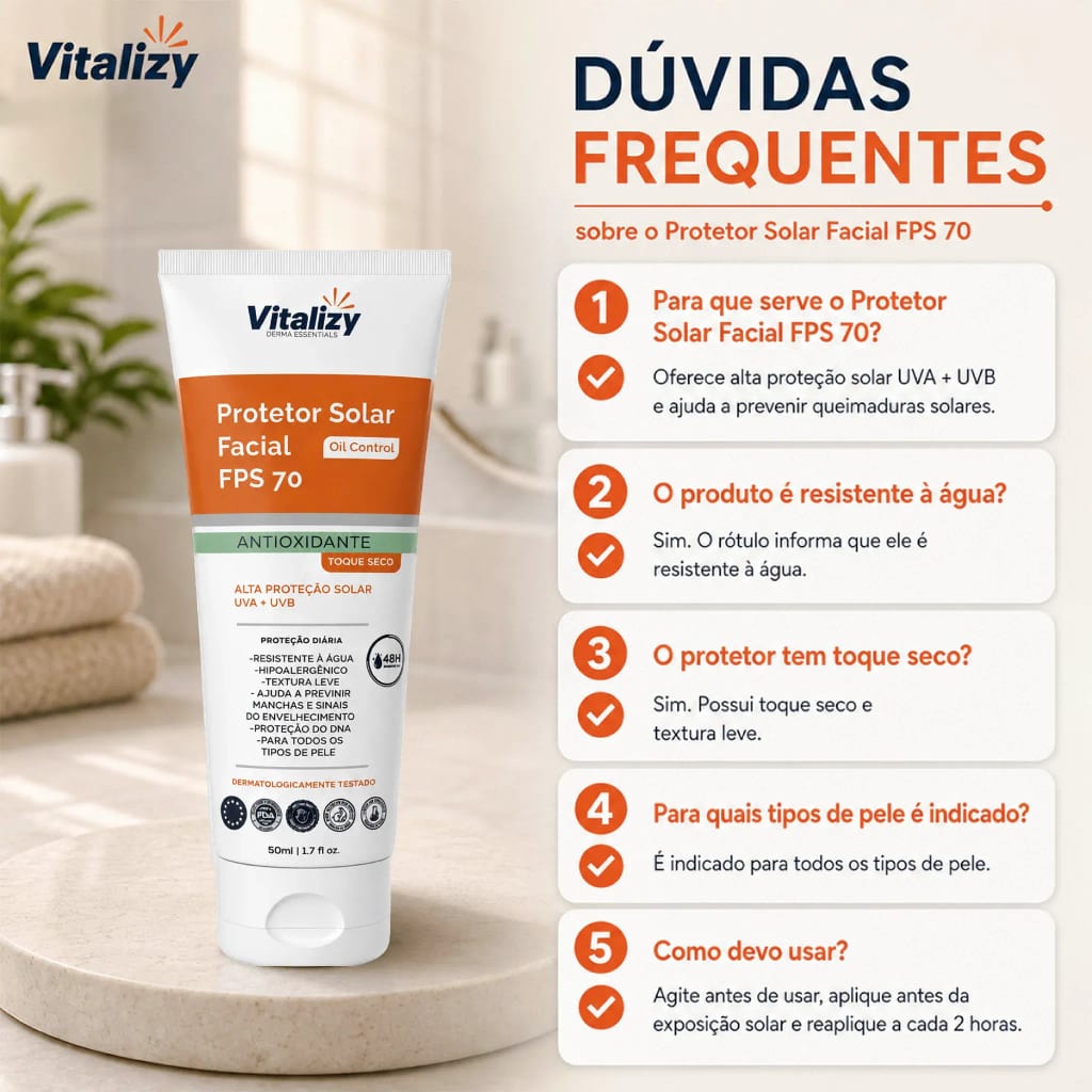 Protetor Solar FPS 70 Facial 50ml Vitalizy - foto 12