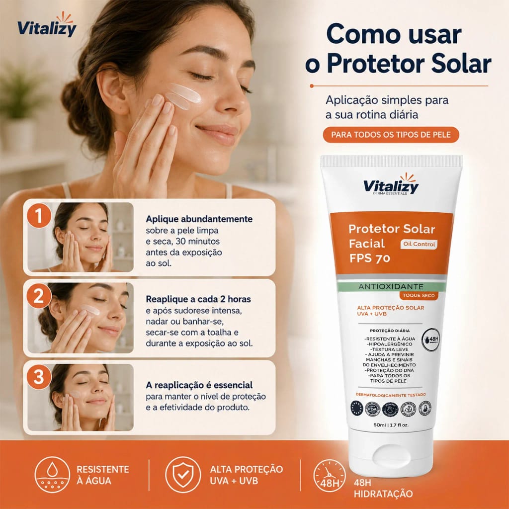 Protetor Solar FPS 70 Facial 50ml Vitalizy - foto 14