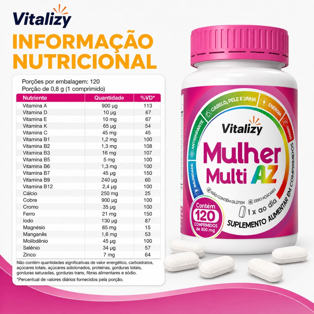 Multivitamínico Multi AZ Mulher 120 Comprimidos Vitalizy - foto 6