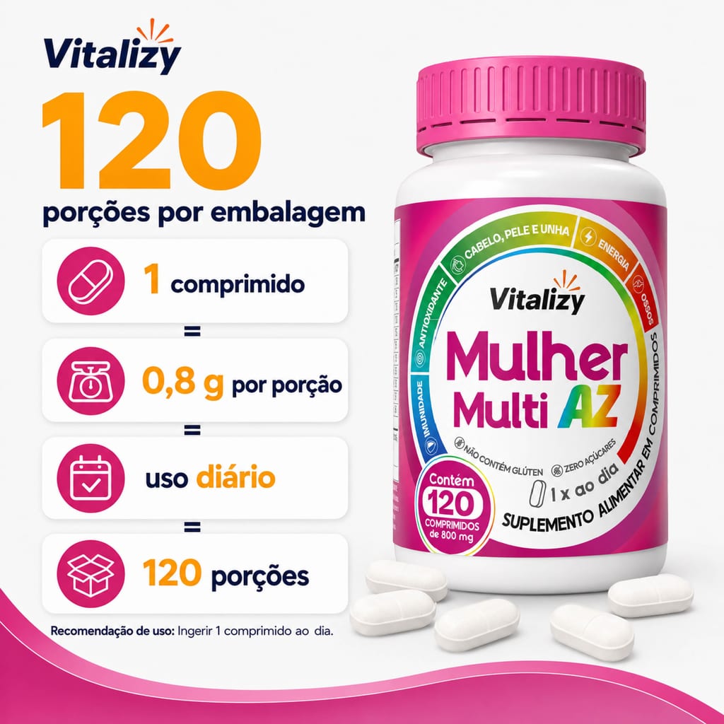 Multivitamínico Multi AZ Mulher 120 Comprimidos Vitalizy - foto 7