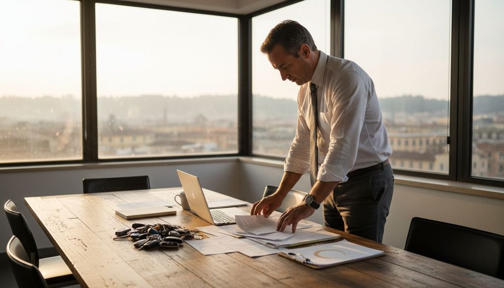 Il responsabile della flotta aziendale controlla la documentazione relativa alla sicurezza dei veicoli.