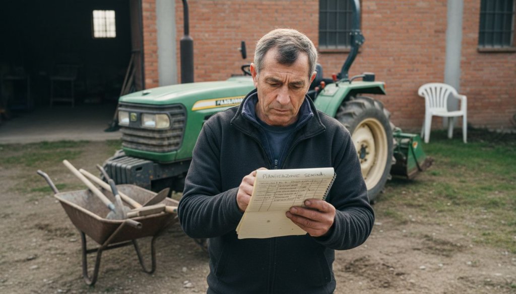 Un agricoltore sta esaminando i suoi macchinari agricoli nel cortile dell’azienda.