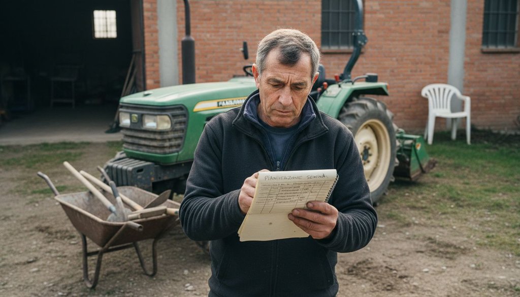 Un agricoltore sta esaminando i suoi macchinari agricoli nel cortile dell’azienda.
