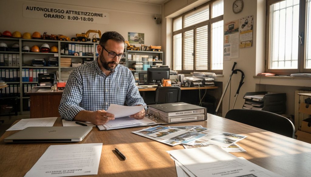 Uomo che controlla i documenti per il noleggio di veicoli e attrezzature