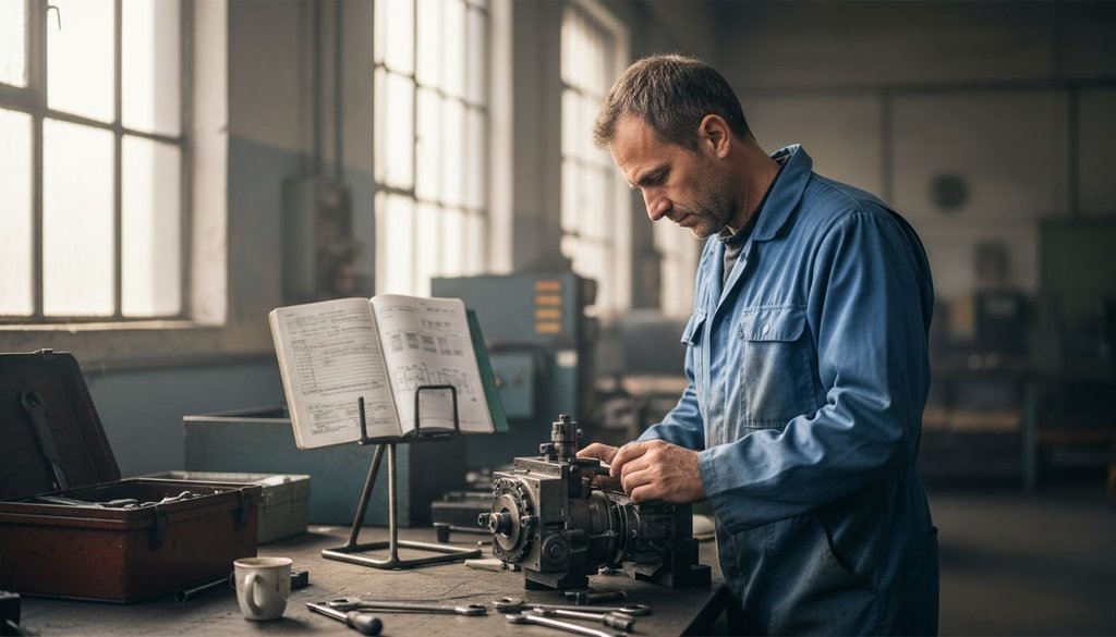 Un tecnico sta verificando gli strumenti all’interno di una officina ben illuminata.