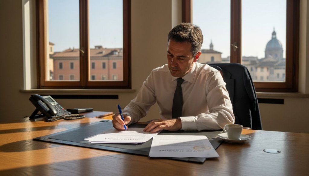 Dirigente che firma un contratto di locazione nel proprio ufficio