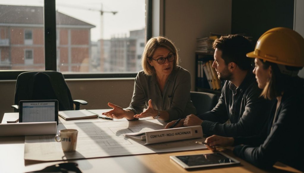 Il team di cantiere sta valutando le diverse soluzioni di noleggio disponibili in ufficio.