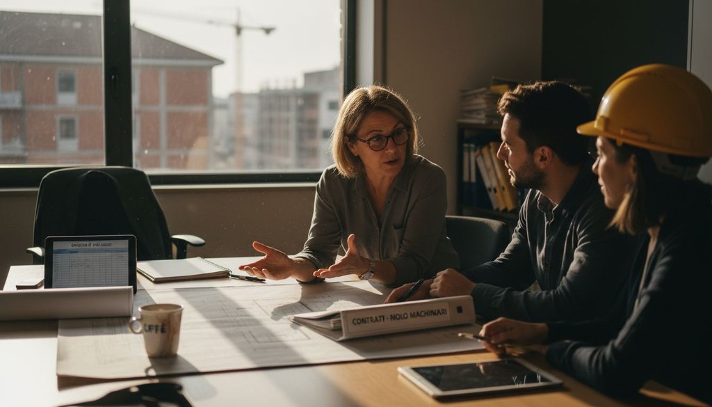 Il team di cantiere sta valutando le diverse soluzioni di noleggio disponibili in ufficio.