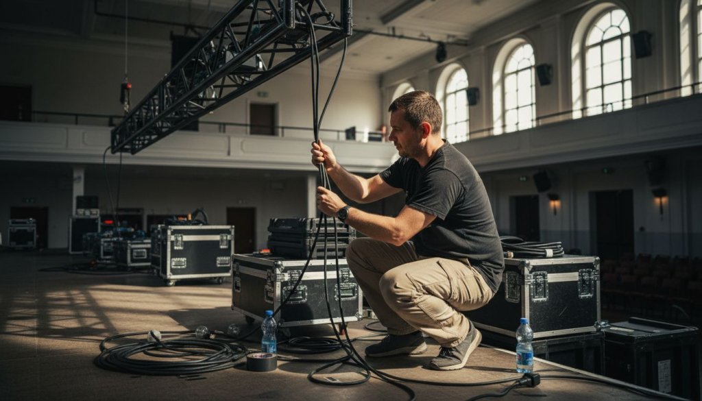 Tecnico all’opera nell’allestimento delle attrezzature per un evento.