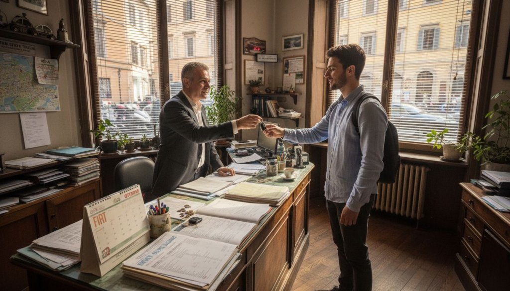 Un uomo consegna le chiavi dell’auto allo sportello di un autonoleggio in Italia.