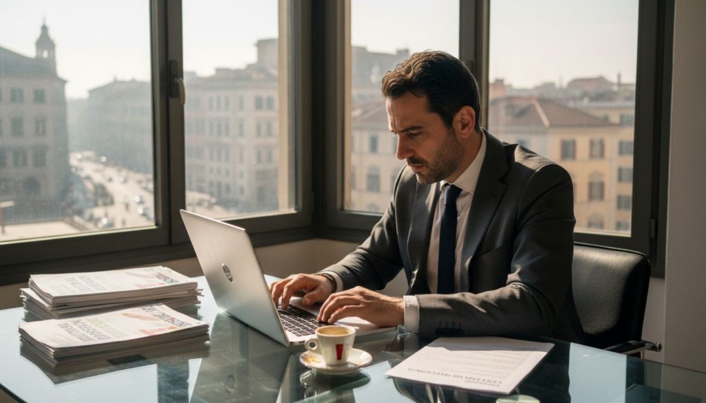 In ufficio, un uomo esamina la lista dei fornitori di noleggio, valutando le opzioni disponibili per scegliere quella più adatta alle esigenze aziendali.