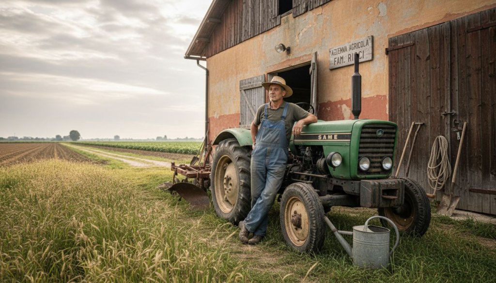 Un contadino al lavoro con il suo trattore nel cortile di una fattoria immersa nella campagna.