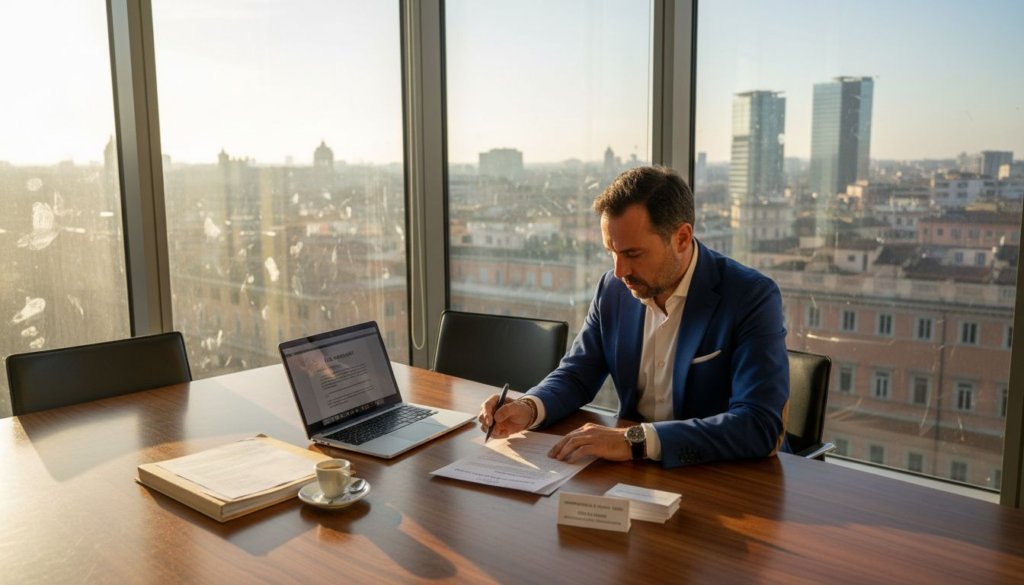 Imprenditore che esamina un contratto di locazione nel proprio ufficio