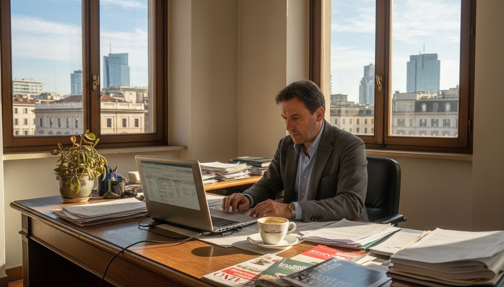 Il responsabile dell’agenzia di noleggio sta verificando la documentazione in ufficio.