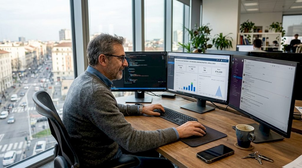 Il responsabile IT sta controllando il funzionamento della piattaforma di noleggio direttamente dall’ufficio.