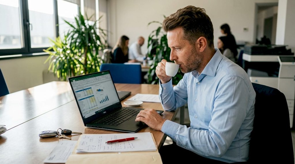 Il responsabile sta esaminando la documentazione relativa al noleggio direttamente in ufficio.