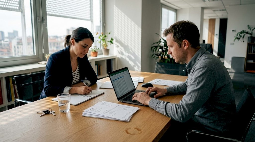 Professionisti al lavoro che analizzano attentamente documenti finanziari in ufficio.